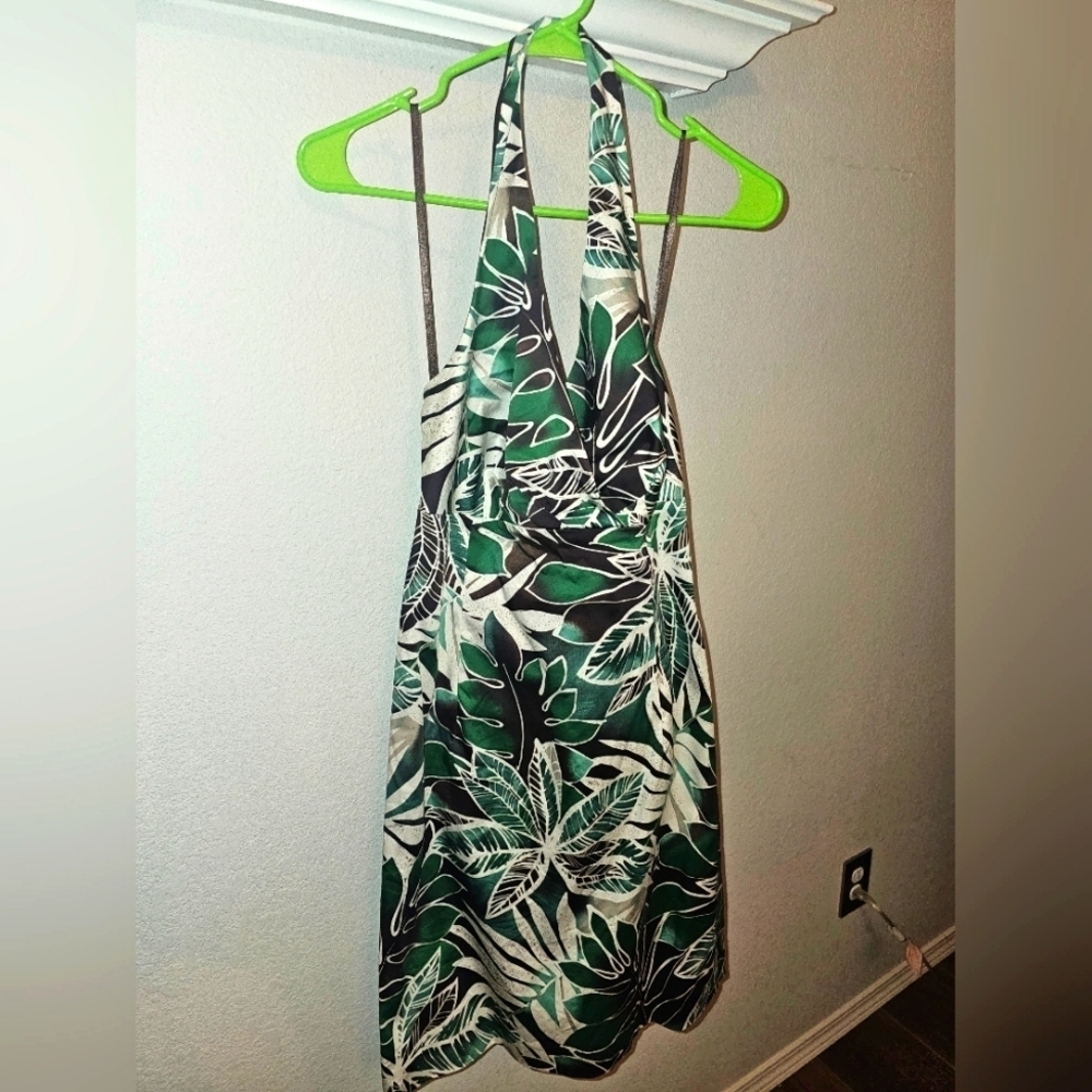 JONES NEW YORK SIGNATURE HALTER DRESS SZ 4 TROPICAL LEAF LEAVES 🍂 STRETCH